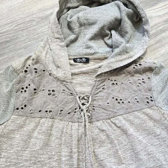 Miss Me Woman's Size M Knit Crochet Embroidered Hoodie Sweater Drawstring - Picture 2 of 9